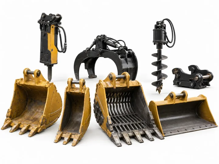 Excavator attachments laid out for assessment: breaker hammer, grapple, auger, quick coupler and four buckets