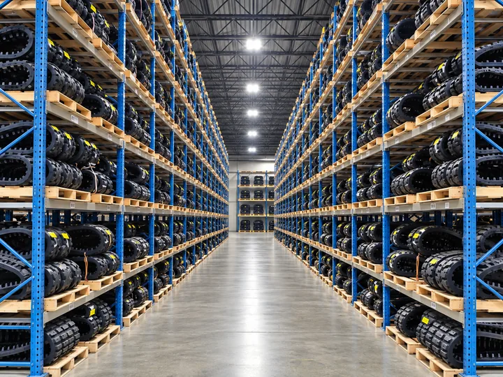 Racking of parts stock running the length of a heavy equipment parts supplier warehouse