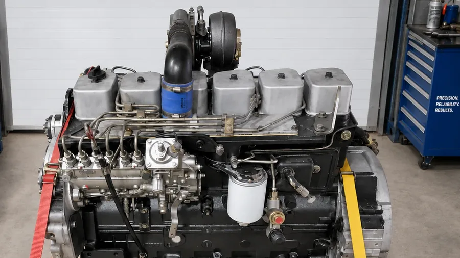 Reconditioned inline six diesel engine strapped to a pallet in the warehouse, crated for same day heavy equipment parts delivery