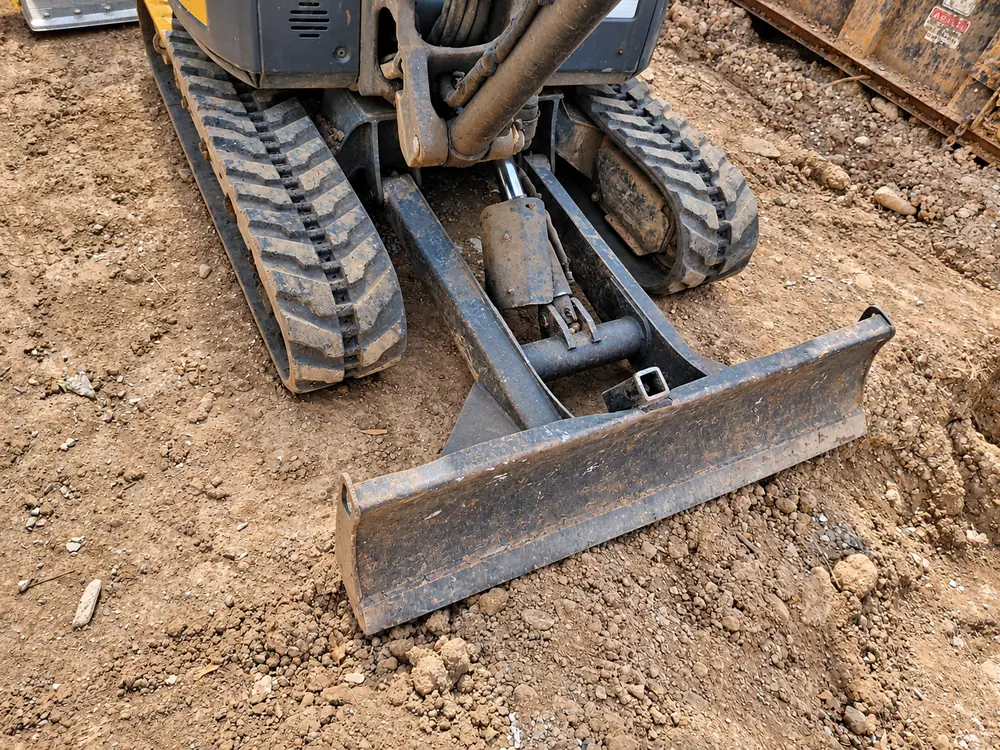 Mini excavator undercarriage and dozer blade caked in dirt, blade cylinder and rubber tracks in view