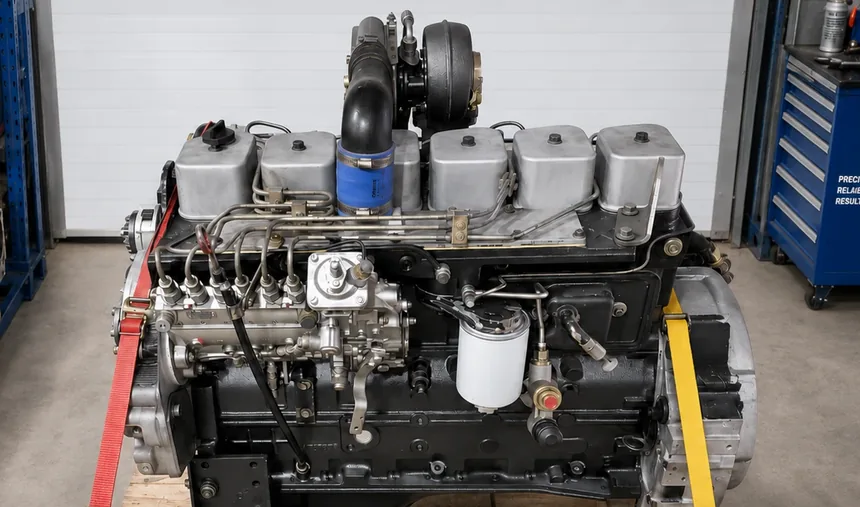 Reconditioned inline six diesel engine strapped to a pallet, ready for a same day heavy equipment parts delivery run from Direct Equipment Parts