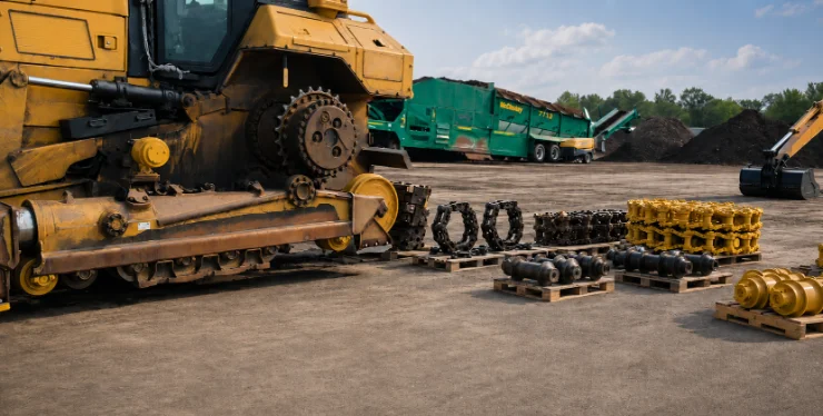 Crawler dozer beside pallets of track chain, rollers and sprockets in the yard - construction equipment parts sourced to order