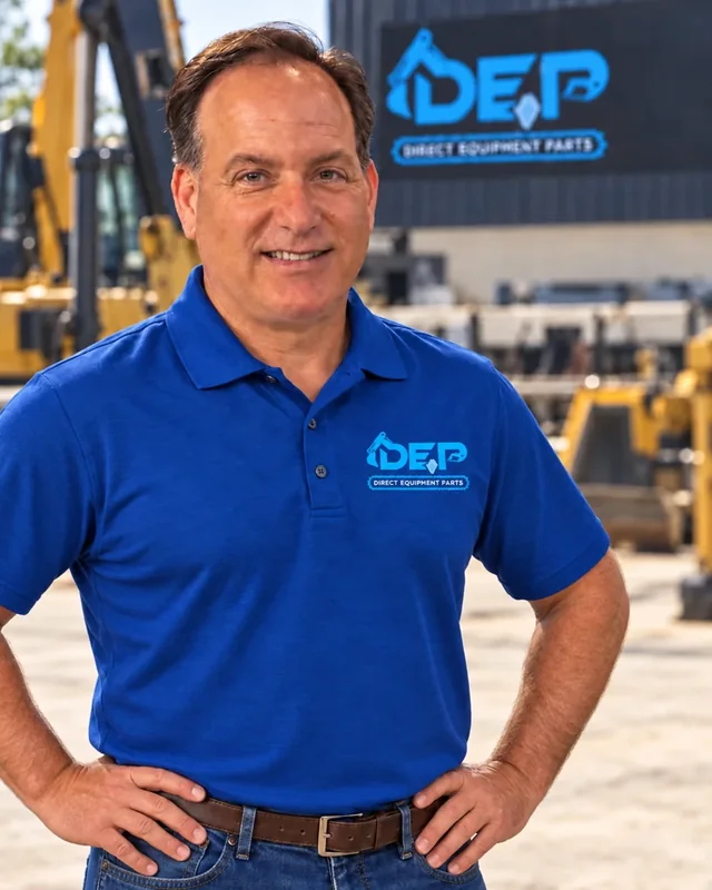 John Dressendofer, founder and consultant at Direct Equipment Parts, a heavy equipment parts supplier in Clinton, New Jersey, standing in the yard in a company polo with an excavator behind him