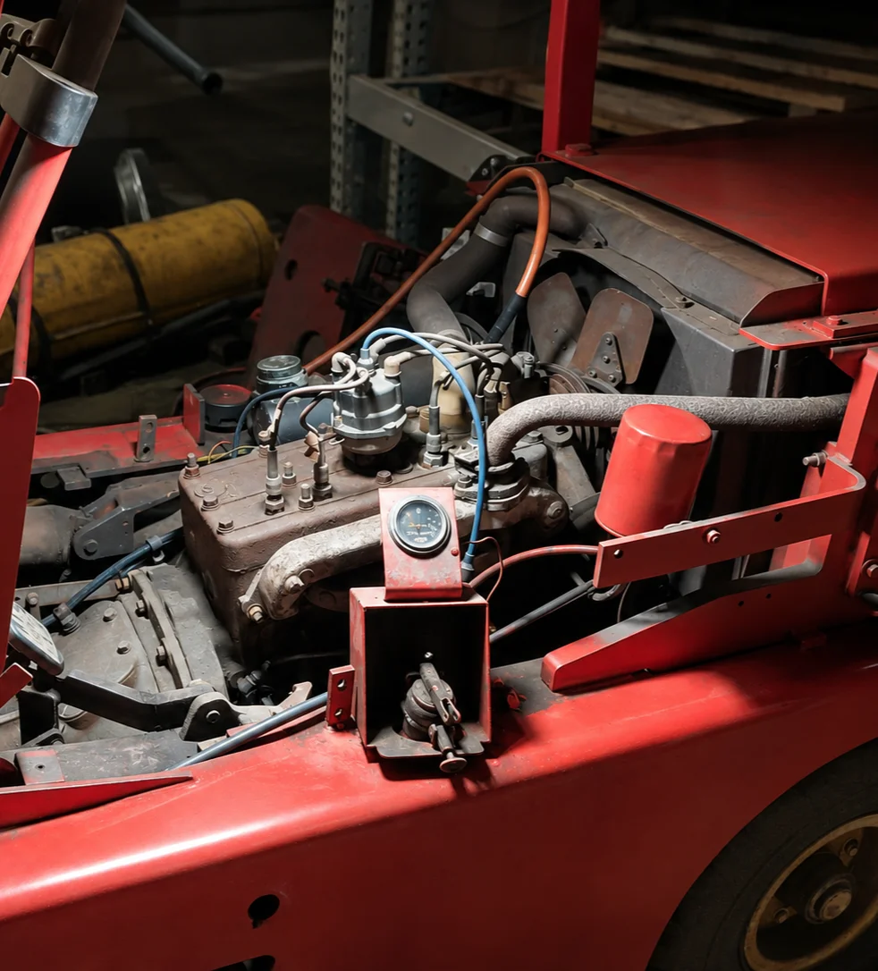 Open engine bay of a legacy machine on the service floor - reading numbers off older iron to track down hard to find construction equipment parts